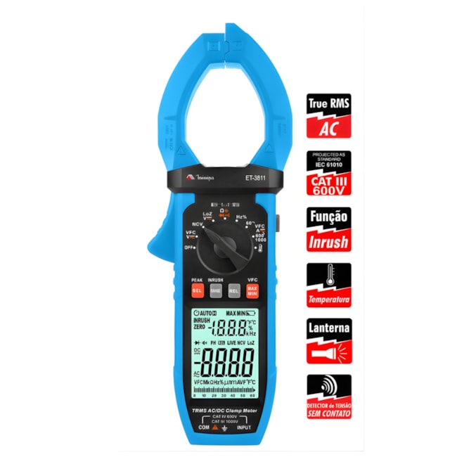 Alicate Amperímetro Digital 1000A AC/DC CAT IV 600V ET-3811 MINIPA-445a1a6f-564f-4019-b9ca-9cb831107223