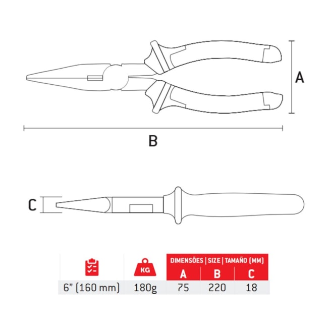 Alicate Bico Meia-Cana Reto 6
