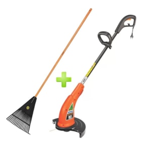 Aparador de Grama com Fio de Nylon 1000W 28cm + Vassoura Grama Jardim 18 Dentes com Cabo Tramontina