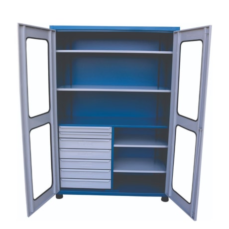 Armário para Ferramentas de 5 Prateleiras e 7 Gavetas 2 Portas Visor de Vidro 1200x500x1680 Azul ARM257-PV FERCAR-eae0cc95-086f-4845-ac56-9aa3b001dcdf
