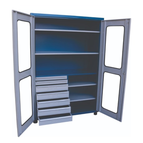 Armário para Ferramentas de 5 Prateleiras e 7 Gavetas 2 Portas Visor de Vidro 1200x500x1680 Azul ARM257-PV FERCAR-64a85af0-f8e8-4785-af7c-57b09f19c1f7