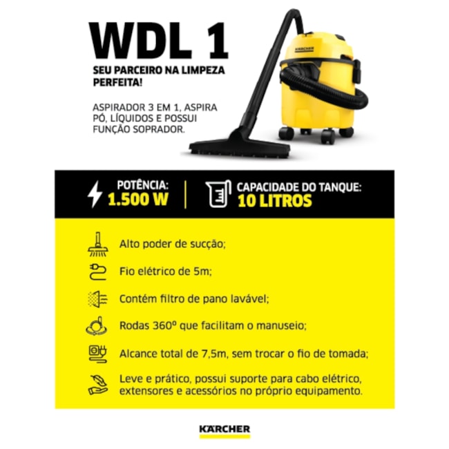 Aspirador de Pó e Água 10 Litros 1500W WDL 1 KARCHER-84a623ff-c439-4435-b9ab-d2d4144a6272