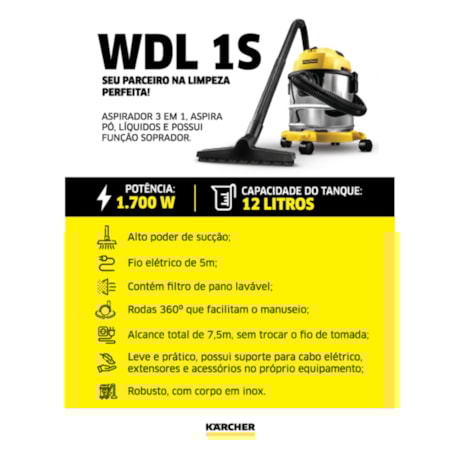 Aspirador de Pó e Água 12 Litros 1700W Inox WDL 1S KARCHER-2cadba0c-1801-4c2b-a799-c2c69d0c6da5