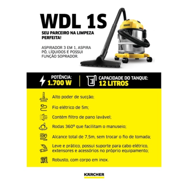 Aspirador de Pó e Água 12 Litros 1700W Inox WDL 1S KARCHER-691bb130-10eb-417b-a250-5164dcb8bd36