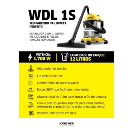 Aspirador de Pó e Água 12 Litros 1700W Inox WDL 1S KARCHER-595585f6-9963-460f-8735-ddb2ae507755