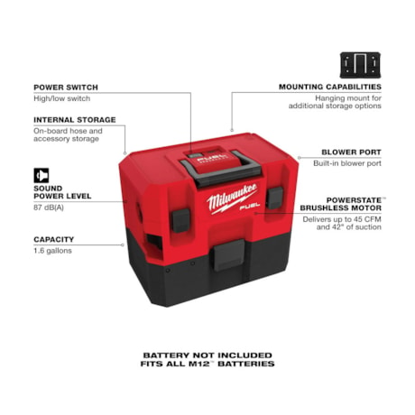 Aspirador de Pó e Líquido 6 Litros 18V sem Bateria e Carregador BRUSHLESS 0960-20 MILWAUKEE-485935bb-fa06-4c95-8dd3-8766bd80ab92