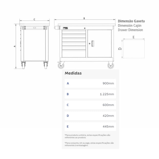 Bancada Móvel com 6 Gavetas e 1 Porta Cinza 44959/401 TRAMONTINA PRO-fa280a41-db84-4ab4-a73a-b1b2e7a075a5