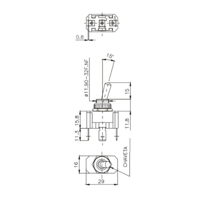 Botão Chave Liga/Desliga com Alavanca Metálica 1P 10A 250V 14123 A1B1P1Q MARGIRIUS-4362f135-99bc-490c-ad3c-c1fc3d38cee2