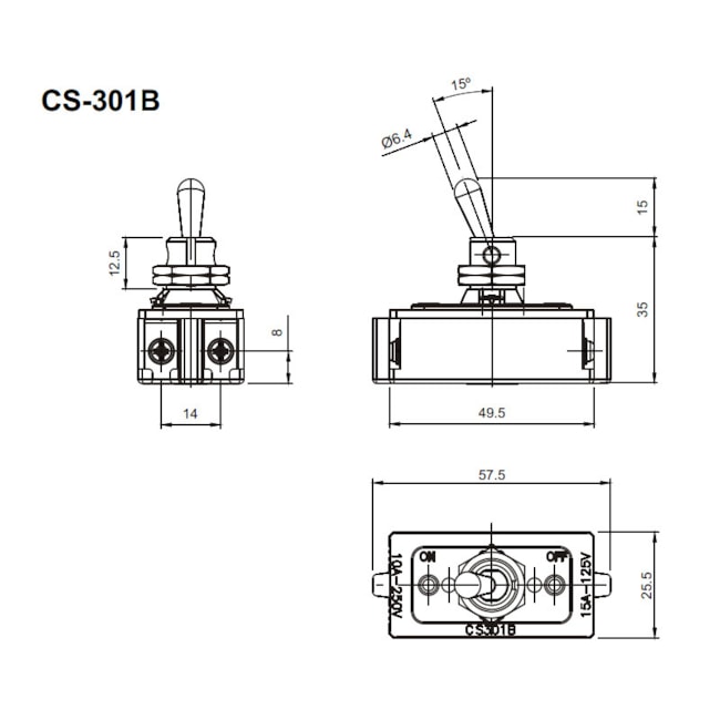 Botão Chave Liga/Desliga com Alavanca Metálica 2P 15A 250V CS-301B S/SS MARGIRIUS-b0b2b0a0-aeb9-4f24-a3f8-bd8a066d16d0
