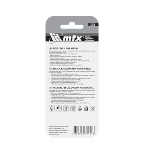 Broca Escalonada HSS 4 a 12 Titânio 723539 MTX-c533e8db-dc3c-47bb-ad9f-e10d12a8d3b8
