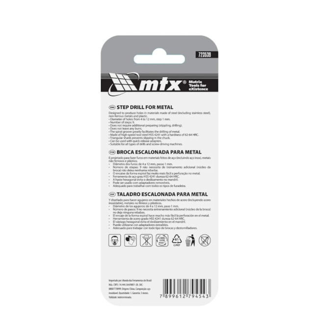 Broca Escalonada HSS 4 a 12 Titânio 723539 MTX-bd16ba4e-fb2a-4300-ae12-f5b073a514e8