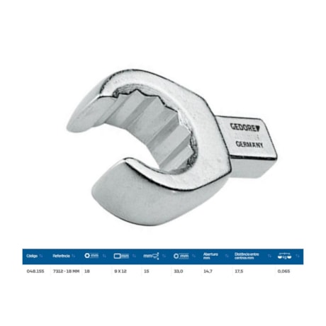Cabeça Intercambiável Chave Estrela Aberta 18mm Encaixe 9x12mm 7312-18 GEDORE-b62d1093-1076-4e52-a294-d765b5480bc0
