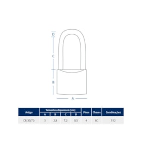Cadeado Latão 30/70mm Haste Longa CR30/70 PAPAIZ