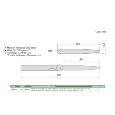 Calibre de Folga 0.03 a 1mm 100mm de 32 Peças 4602-32 INSIZE-4b966209-21b3-445c-a82a-b1a464be8a1d