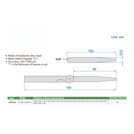 Calibre de Folga 0.05 a 1mm 100mm de 20 Peças 4602-20 INSIZE-59eb344f-8f2b-4de4-8f20-6d1a02c34044