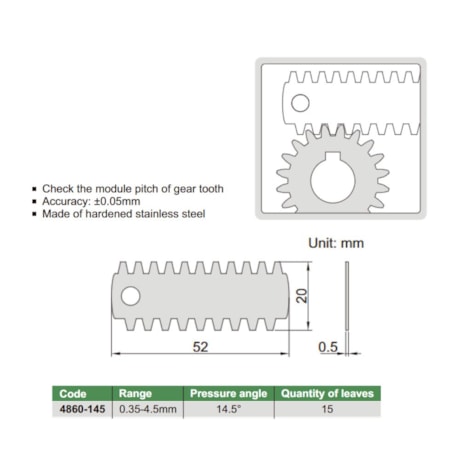 Calibres para Dentes de Engrenagens 0.35-4.5mm 15 Peças 4860-145 INSIZE