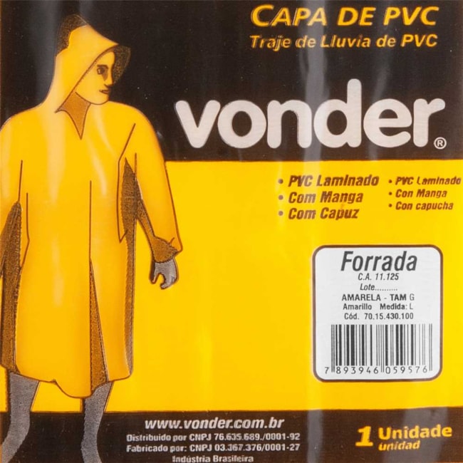 Capa de Chuva em PVC com Forro Amarela Tamanho G 7015430100 VONDER-7408aebf-a5db-40d9-9b4f-905e7e1db1dd