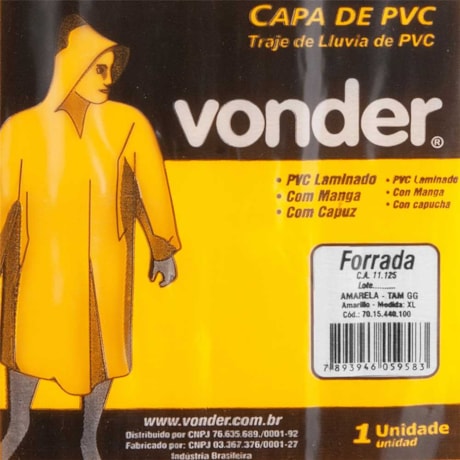 Capa de Chuva em PVC com Forro Amarela Tamanho G 7015430100 VONDER