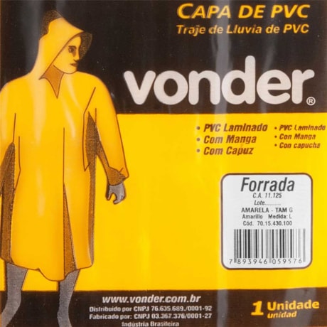 Capa de Chuva em PVC com Forro Amarela Tamanho G 7015430100 VONDER-18234b48-1c95-4ddf-9d4d-cd44a7087af9