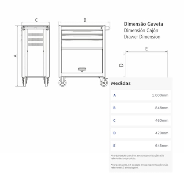 Carrinho para Ferramentas com 3 Gavetas e 1 Porta Azul 44950/208 TRAMONTINA PRO-e0a74637-a1e8-4334-8a1e-f3b105e66068