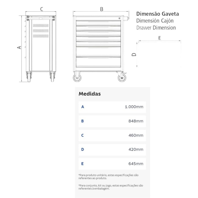 Carrinho para Ferramentas com 7 Gavetas e 110 Peças Cinza 44950/110 TRAMONTINA PRO-149f9480-35a1-43d1-a9dd-430b59f11105