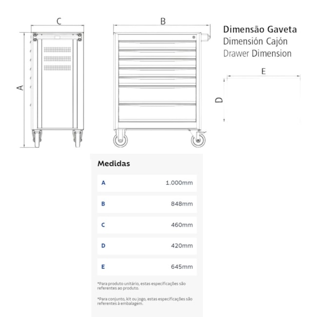 Carrinho para Ferramentas com 8 Gavetas e 115 Peças 44950/717 TRAMONTINA PRO-ba747ddc-7b87-4c7c-9bde-53cc06c0f086