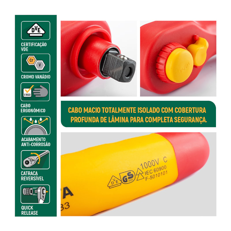 Chave Catraca Reversível Isolada VDE 1000V de 250MM ST12983SC SATA