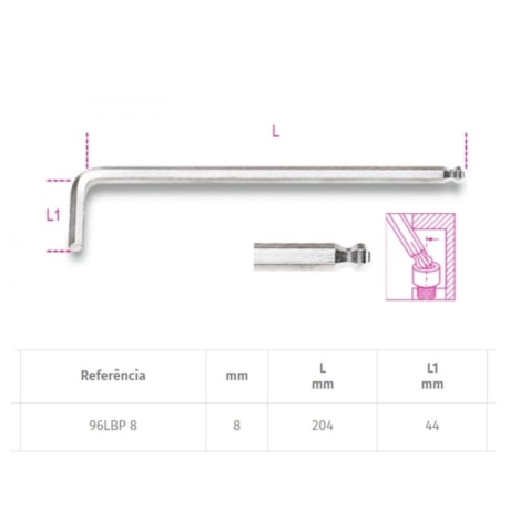 Chave Hexagonal L Abaulada Extra Longa Cromada 8mm 96LBP BETA