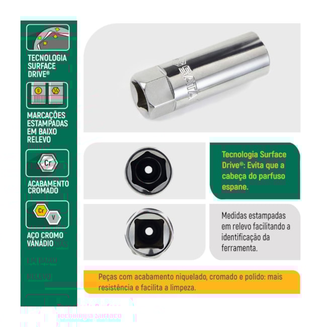 Chave Soquete Sextavado para Vela 16mm Encaixe 3/8