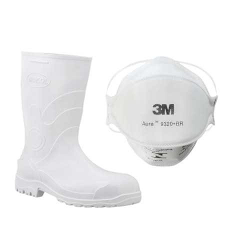 Combo Bota de PVC Cano Longo Branca N° 38 BRACOL + Máscara Respiratória Descartável 3M-ea1ebc01-2d3f-4b7d-aff5-fd7fa49f8bad
