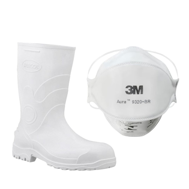 Combo Bota de PVC Cano Longo Branca N° 38 BRACOL + Máscara Respiratória Descartável 3M-723be56b-5696-458d-8d2d-8b05c1bd21f4