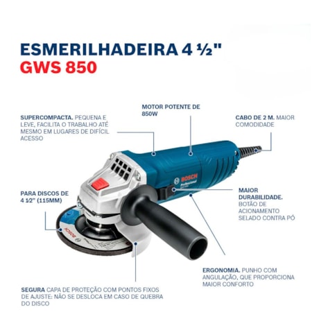 Combo de Martelo Perfurador Rompedor 820W GBH 2-24 D + Esmerilhadeira Angular 850W GWS 850 BOSCH-9c6a9c3f-0fa8-4952-a91b-50279fa640f7