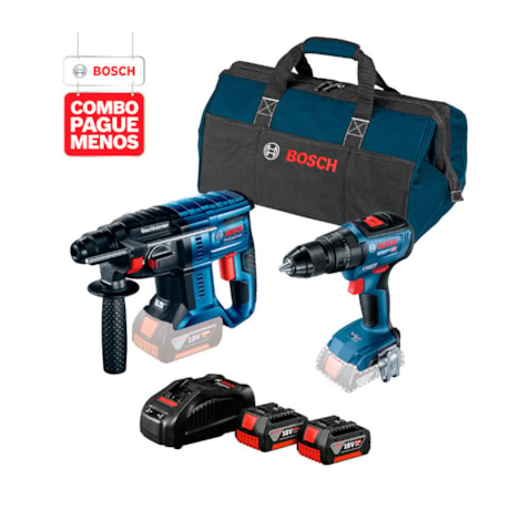 Combo Furadeira de Impacto 1/2" GSB 18V-50 + Martelete Perfurador de Impacto 20mm GBH 180-LI + Bolsa + 2 Baterias 18V e Carregador Rápido 4.0AH BOSCH