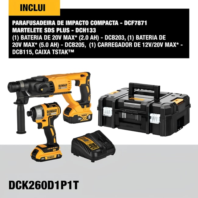 Combo Martelete SDS Plus e Parafusadeira de Impacto com Baterias e Carregador Bivolt DEWALT DCK260D1P1T-BR-6f2f0eba-1392-4c76-9243-2cef71263893