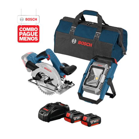 Combo Serra Circular 6.1/2" GKS 18V-57 + Lanterna Refletora GLI 18V-1900 + Bolsa + 2 Baterias 18V e Carregador Rápido 4.0AH BOSCH