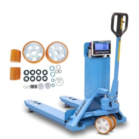 Combo Transpalete Manual Balança Digital sem Impressora 545mm 2000kg Simples Poliuretano + Kit de Rodas de Direção + Carga Simples Poliuretano e Vedação PALETRANS