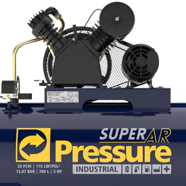 Compressor de Ar 20 Pés 175Lbs 200 Litros 220/380V Trifásico SUPER AR 20/200V PRESSURE-081dc829-3c96-4e1f-b1dd-adc91631232d