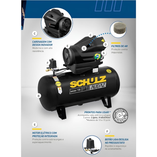Compressor de Ar AUDAZ 10 Pés 50 Litros 140LBS Monofásico MCSV10/50 AUDAZ SCHULZ-b586eba5-bf55-4d11-8801-a1790d5ed3cc