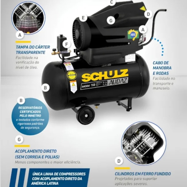 Compressor de Ar AUDAZ 10 Pés 50 Litros 140LBS Monofásico MCSV10/50 + Kit de Acessórios com 5 Peças AIR KIT SCHULZ-3af364ed-e845-4f46-a435-40fe7bc64a23