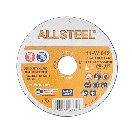 Disco de Corte 115x1,5x22,23 Aço Inox Inoxidável 11W042 ALLSTEEL WALTER ABRASIVOS-39470d3a-520f-4e29-8199-732c3bc2c1c1