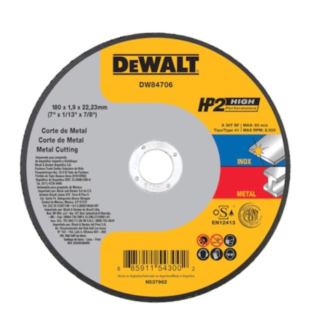 Disco de Corte 7" x 1.9mm x 7/8" DW84706 HP2 DEWALT