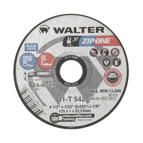 Disco de Corte Inox 4.1/2'' 0.8mm 7/8'' ZIP ONE 11T542 WALTER ABRASIVOS