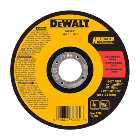 Disco de Corte Inox Fino 4.1/2'' 1.0mm DW8062 DEWALT