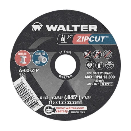 Disco de Corte para Aço Inox 7'' x 1/16'' x 7/8'' ZIPCUT WALTER ABRASIVOS