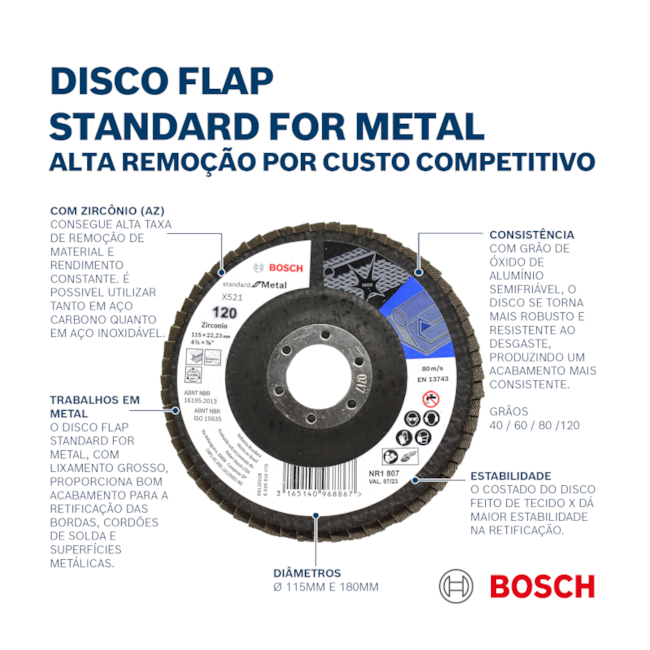 Disco Flap 4.1/2'' Grão 120 2608619291 BOSCH-23d5e811-3968-4bc5-979b-4757c0a697e1