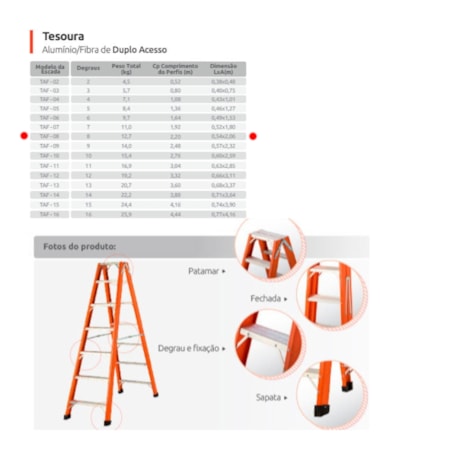 Escada de Fibra Tesoura com 8 Degraus 2.20 Metros Duplo TAF-08 SÍNTESE-48acf7c3-9ca0-47f2-b94e-785bb0883862