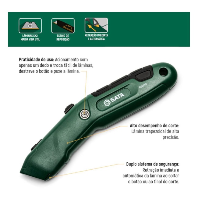 Estilete de Segurança Auto-Retrátil Reforçado Trapezoidal 18mm ST93624G SATA-f54effed-c228-4a85-b592-28b12ca5fdbe