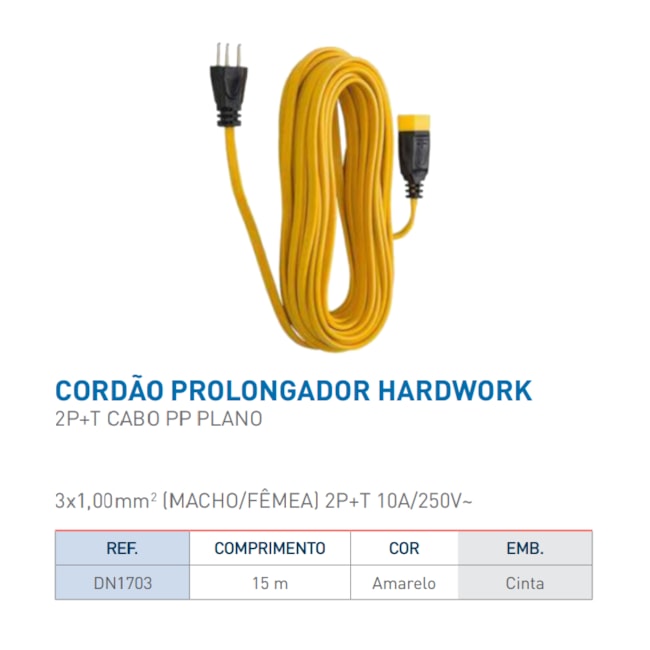 Extensão Macho/Fêmea 3x1.0mm x 15 Metros 2P+T 10A 250V DN1703 HARDWORK DANEVA-3ad3cfc8-040d-42cb-adc1-cc2abc54fe96