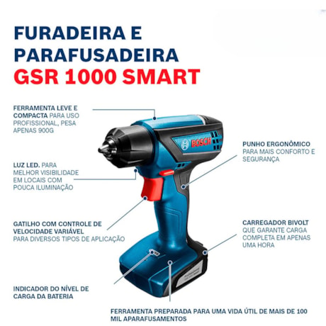 Furadeira e Parafusadeira 1/4'' Bateria 12V Carregador Bivolt com Maleta e Kit 10 Bits GSR 1000 SMART BOSCH-cff3c579-9cdd-467f-b3b6-2e4a251a27a8