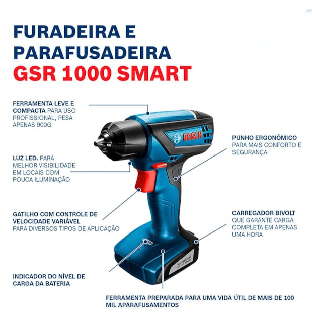 Furadeira e Parafusadeira 1/4'' Bateria 12V Carregador Bivolt com Maleta e Kit 10 Bits GSR 1000 SMART BOSCH-0c11a280-cc82-480a-9bcd-1b73df3238e0